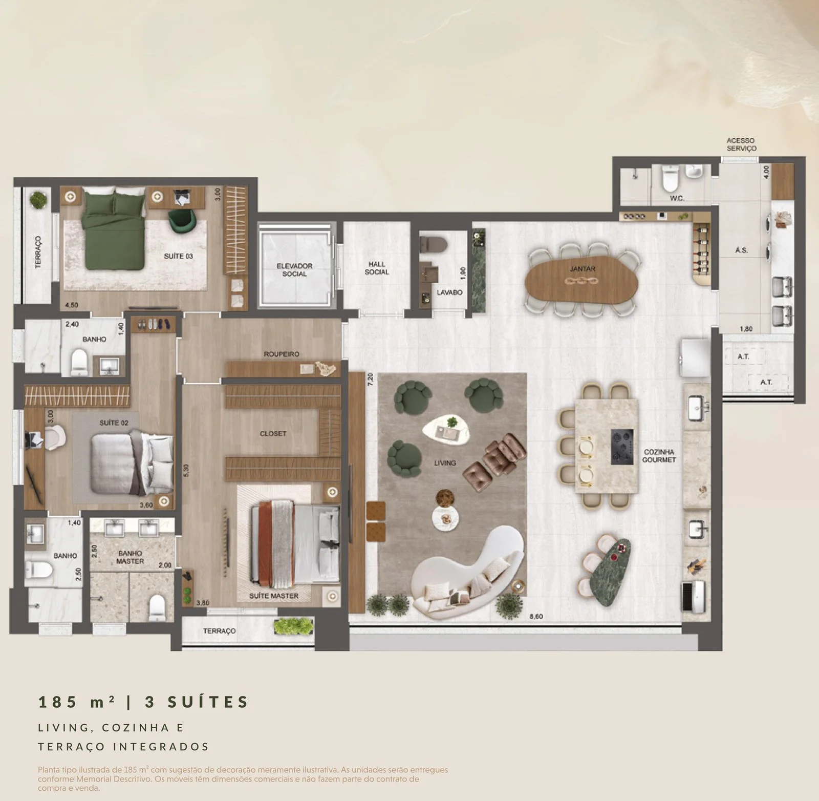 Château Jardin — Planta tipo 185 m² · 3 suítes