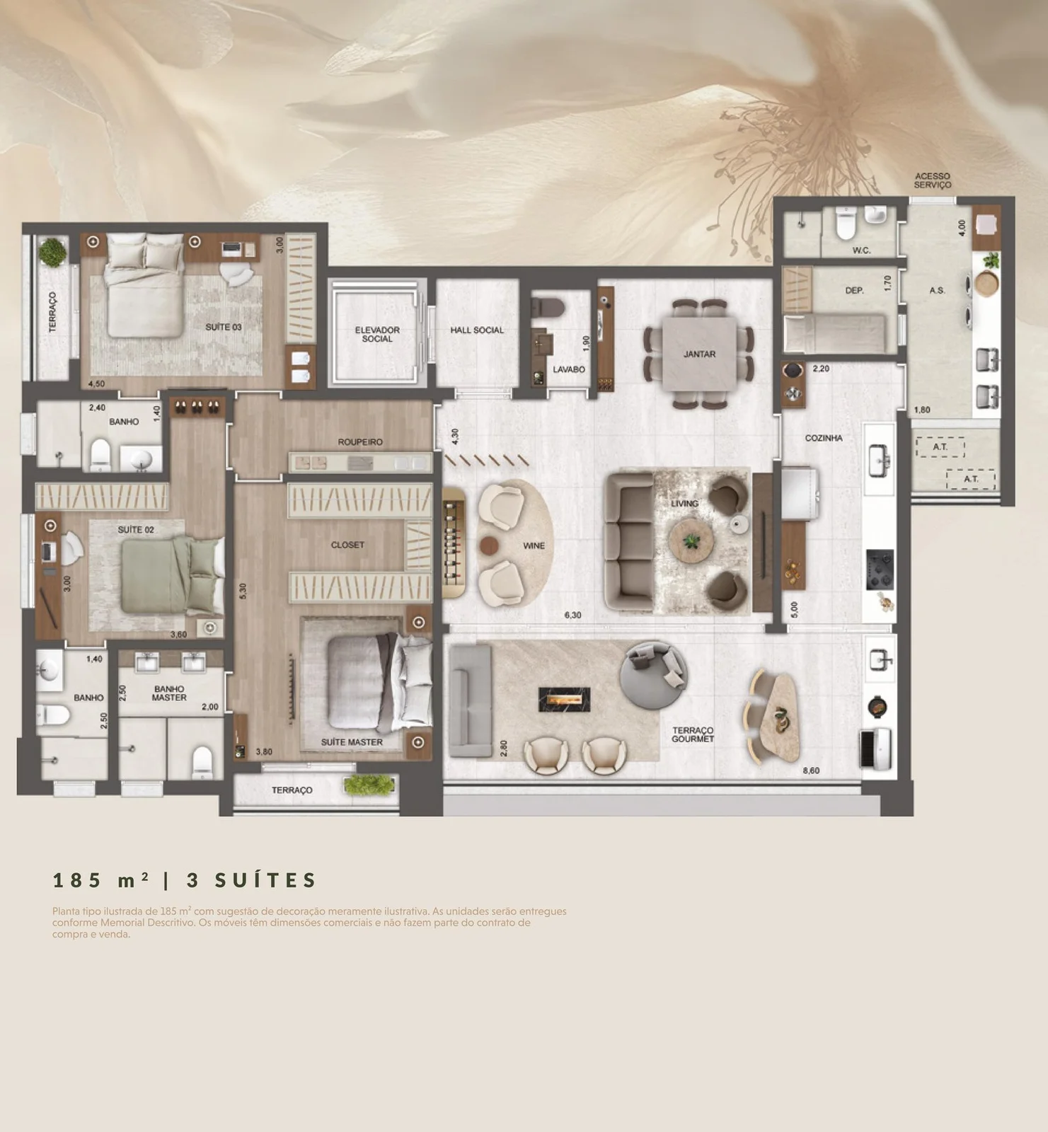 Château Jardin — Planta tipo 185 m² · 3 suítes (opção adega)