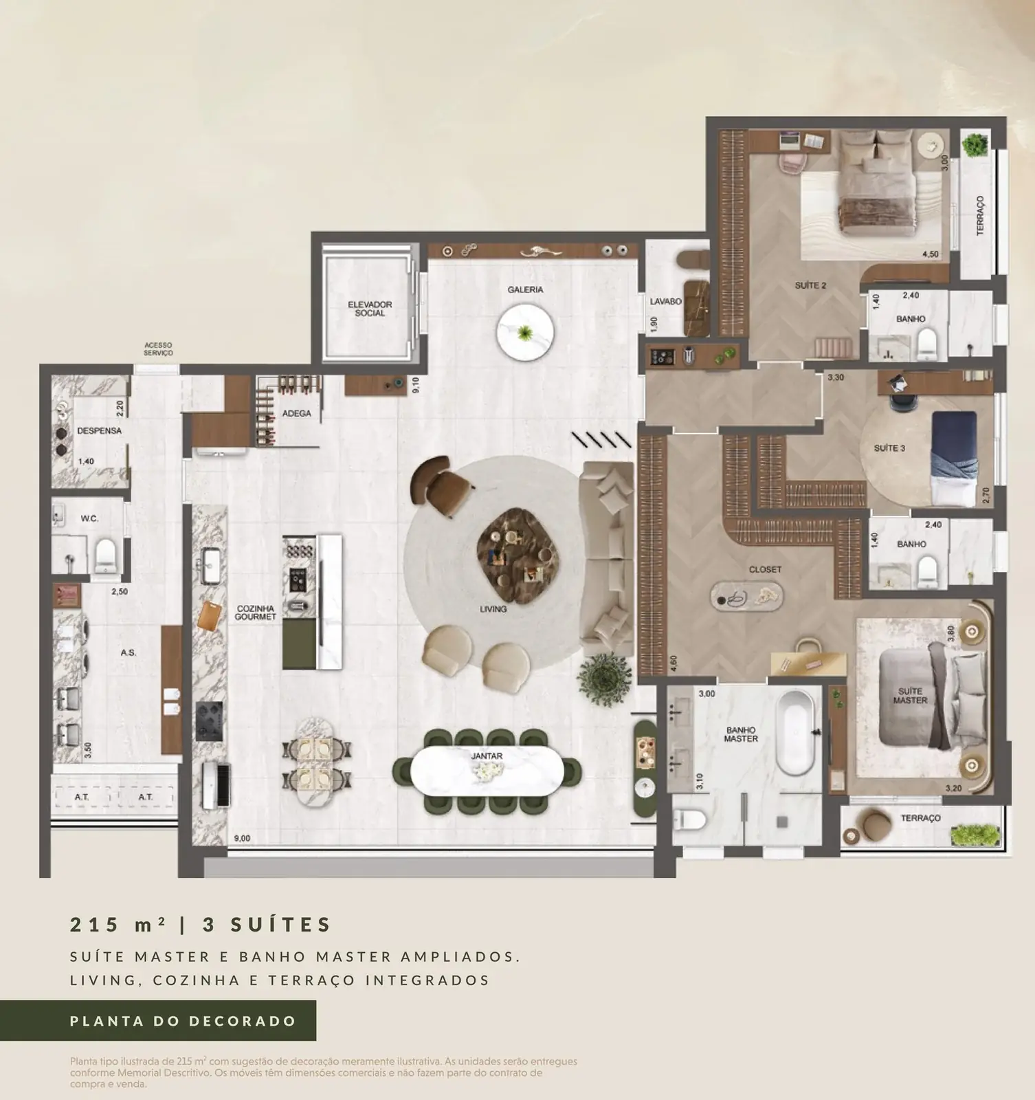 Château Jardin — Planta tipo 215 m² · 3 suítes (planta do decorado)
