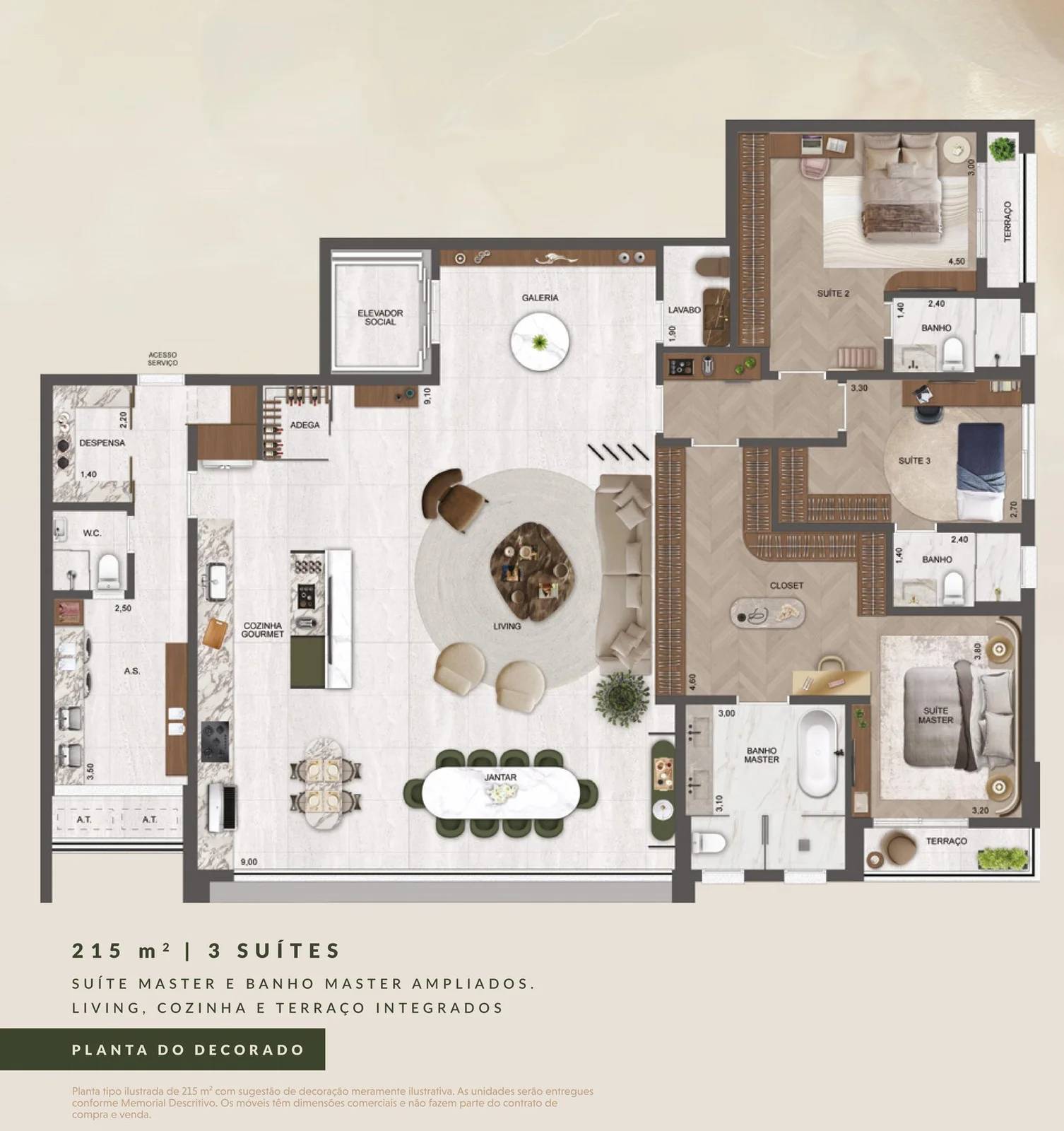 Château Jardin — Planta tipo 215 m² · 3 suítes (planta do decorado)