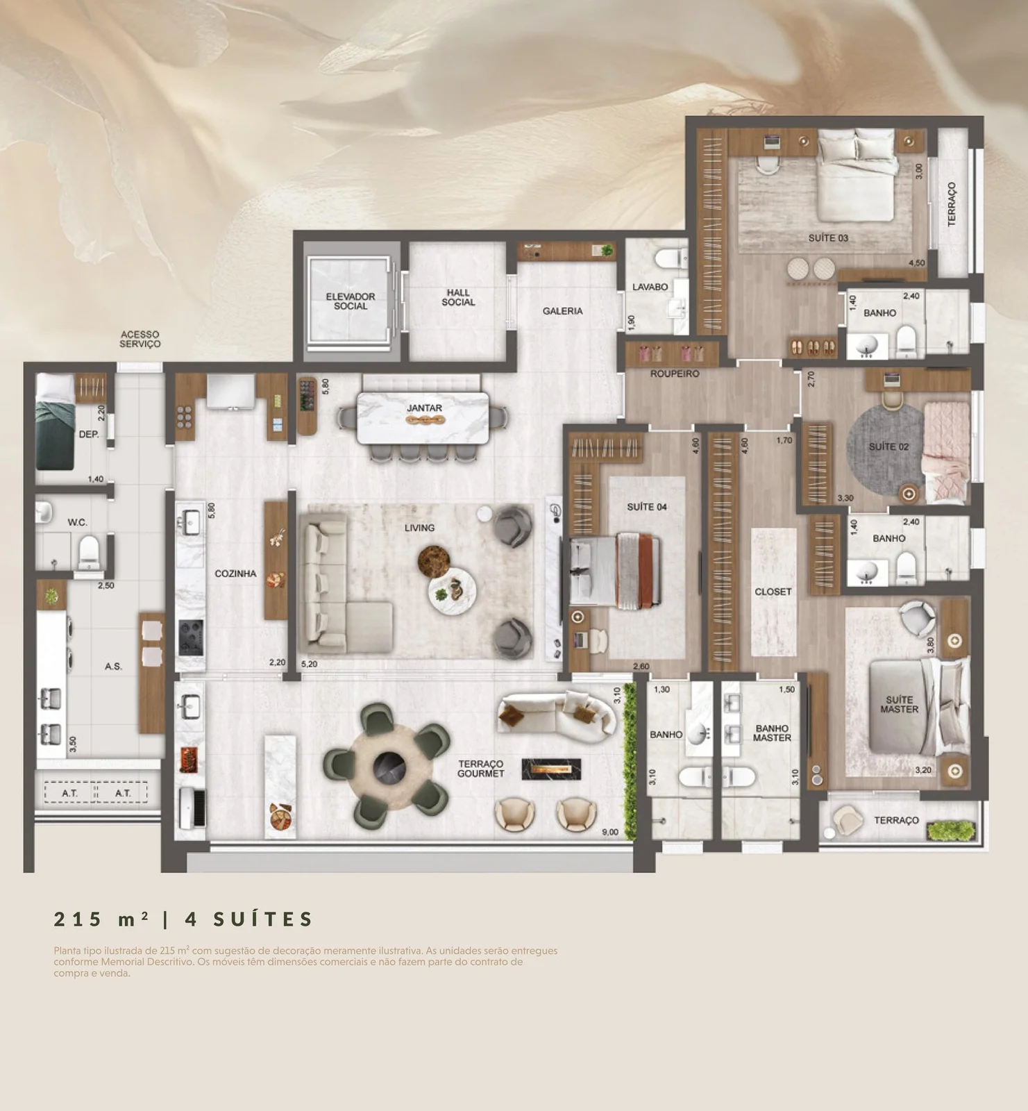 Château Jardin — Planta tipo 215 m² · 4 suítes