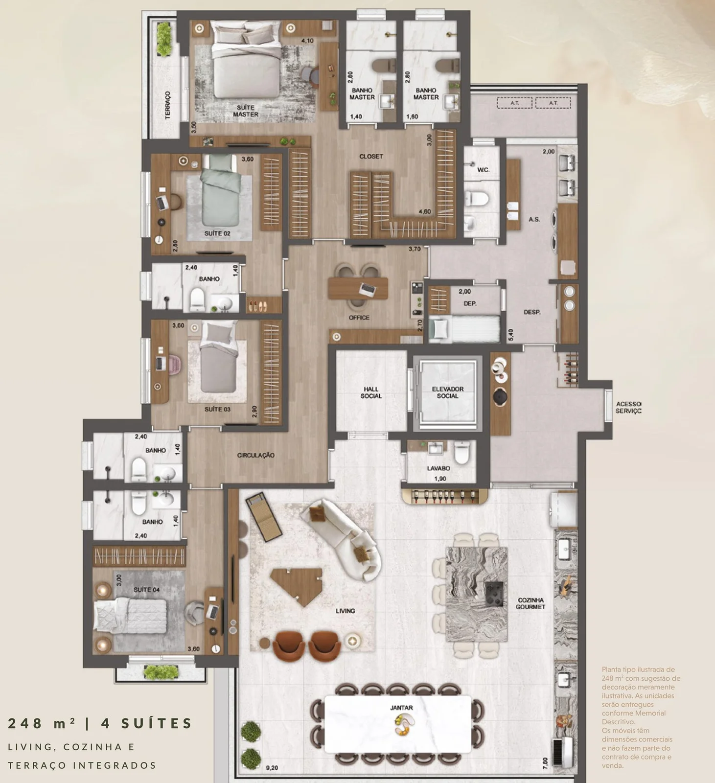 Château Jardin — Planta tipo 248 m² · 4 suítes
