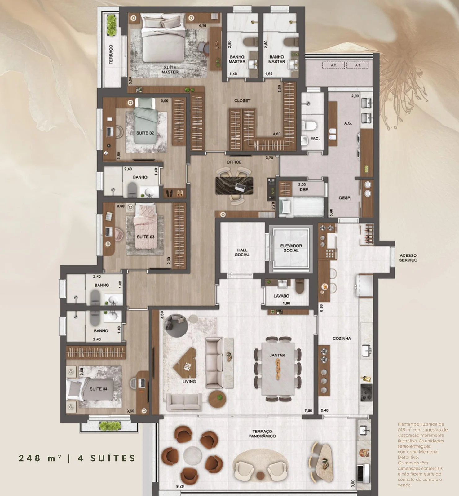 Château Jardin — Planta tipo 248 m² · 4 suítes (opção office)