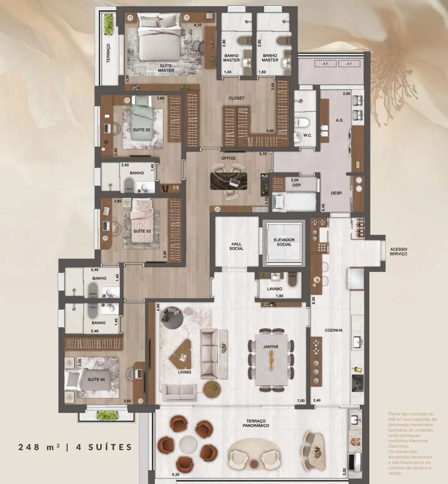 Château Jardin — Planta tipo 248 m² · 4 suítes (opção office)
