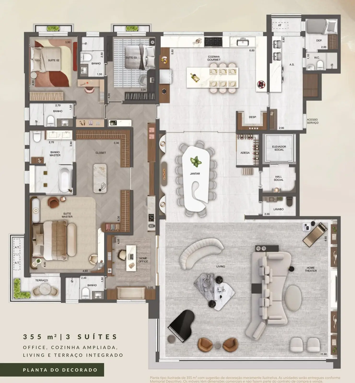 Château Jardin — Planta tipo 355 m² · 3 suítes (planta do decorado)