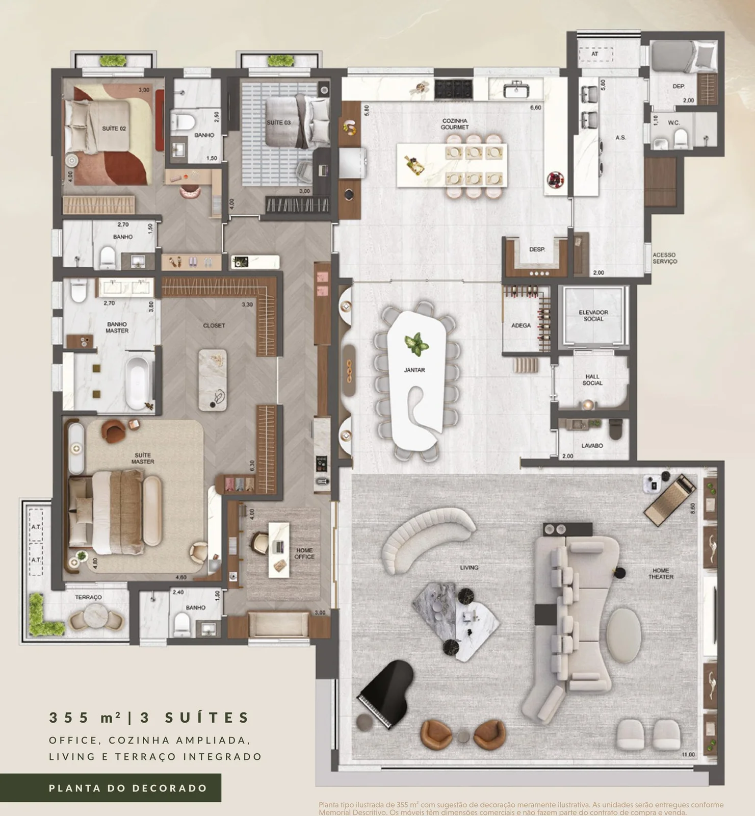 Château Jardin — Planta tipo 355 m² · 3 suítes (planta do decorado)