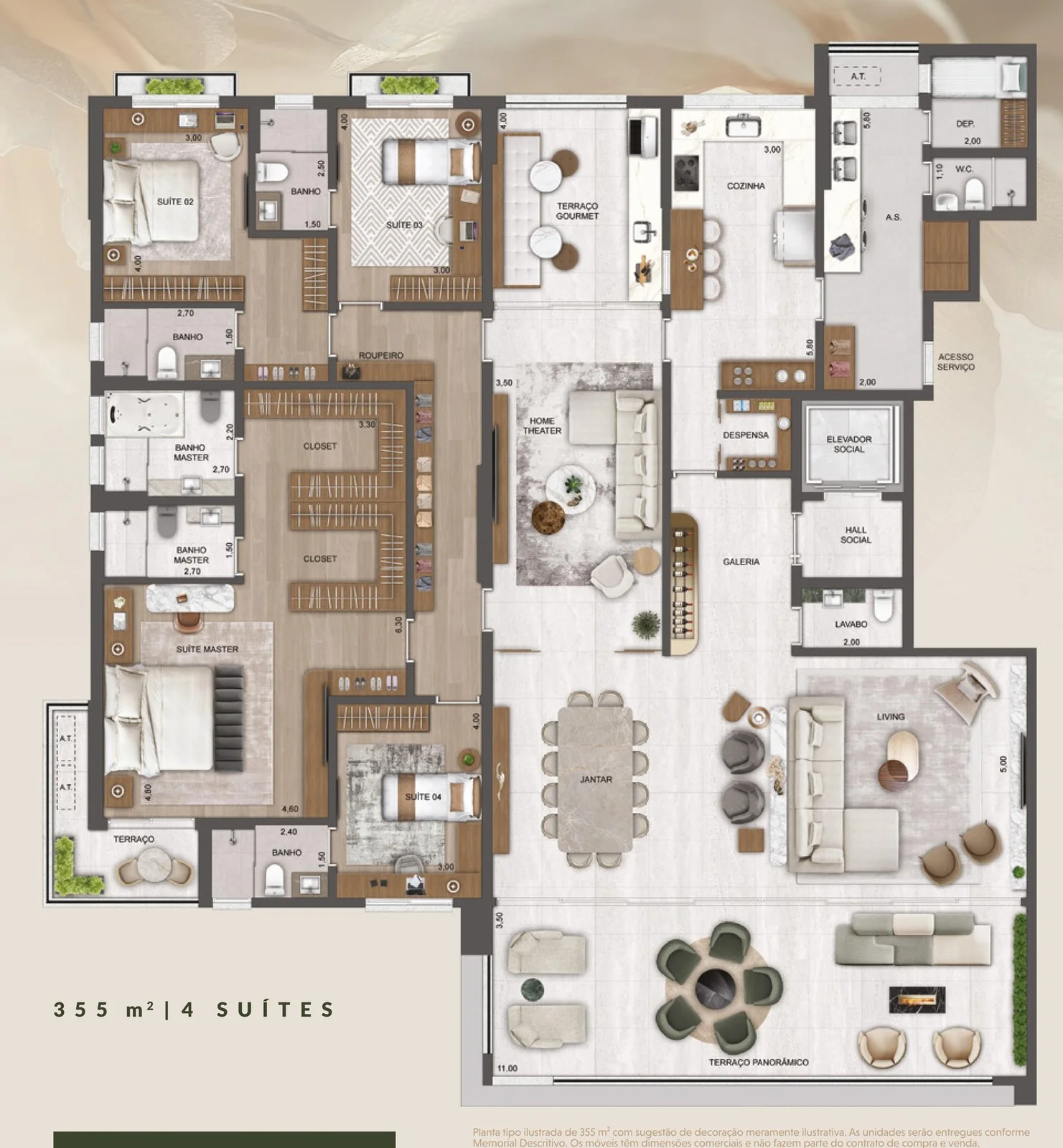 Château Jardin — Planta tipo 355 m² · 4 suítes
